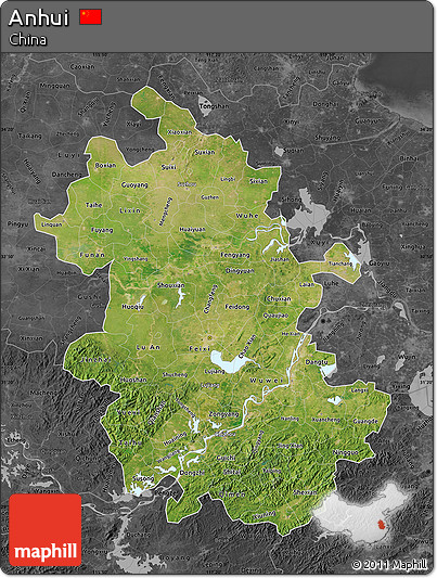 Satellite Map of Anhui, darken, desaturated