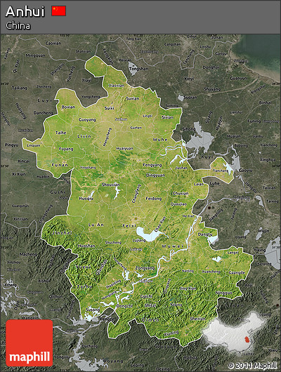 Satellite Map of Anhui, darken, semi-desaturated