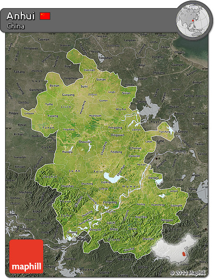 Satellite Map of Anhui, darken, semi-desaturated