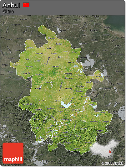 Satellite Map of Anhui, darken, semi-desaturated