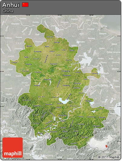 Satellite Map of Anhui, lighten, semi-desaturated