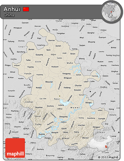 Shaded Relief Map of Anhui, desaturated
