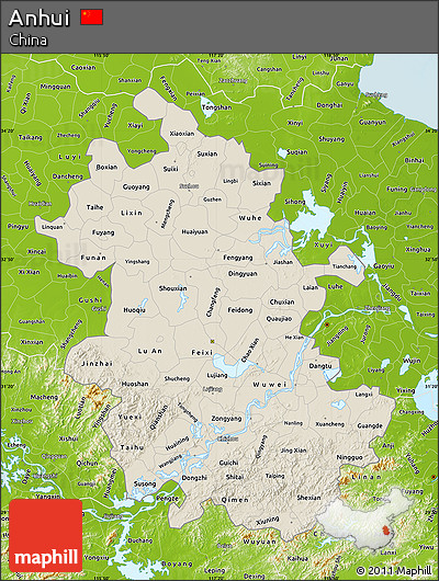 Shaded Relief Map of Anhui, physical outside