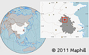 Gray Location Map of Mengcheng, highlighted country, highlighted parent region, hill shading
