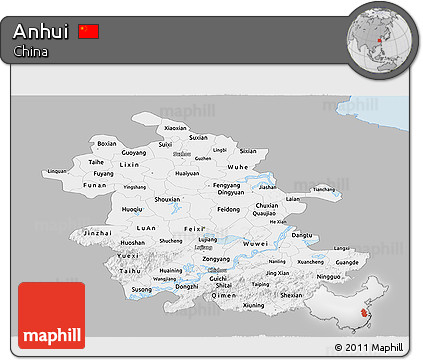 Gray Panoramic Map of Anhui, single color outside