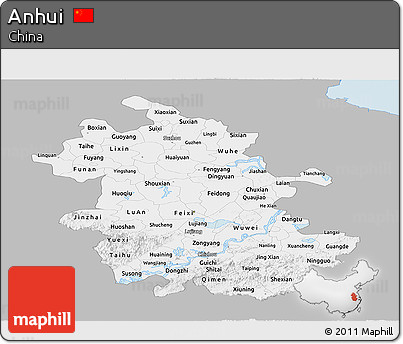 Gray Panoramic Map of Anhui, single color outside