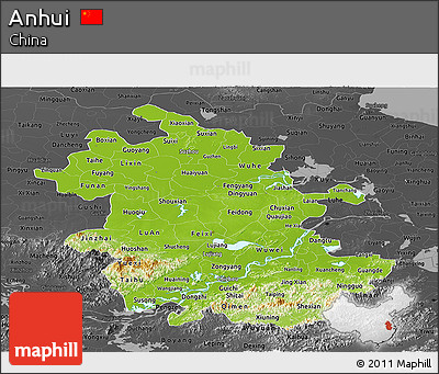 Physical Panoramic Map of Anhui, darken, desaturated