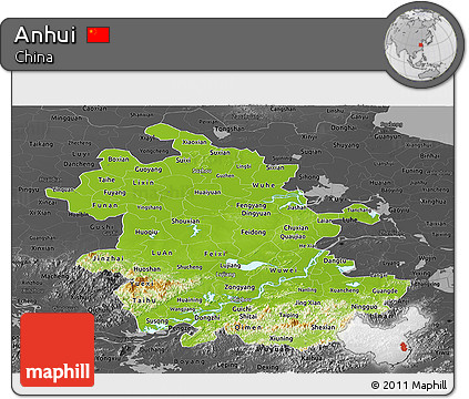 Physical Panoramic Map of Anhui, darken, desaturated