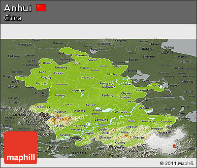Physical Panoramic Map of Anhui, darken, semi-desaturated