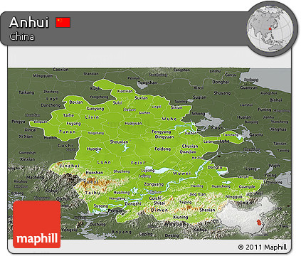 Physical Panoramic Map of Anhui, darken, semi-desaturated