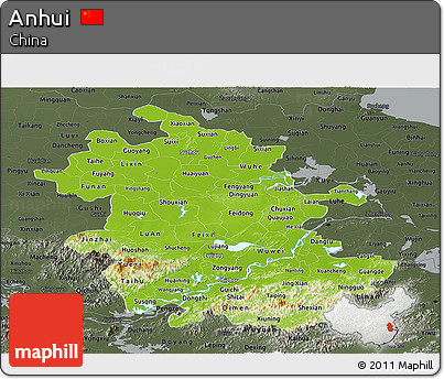 Physical Panoramic Map of Anhui, darken, semi-desaturated