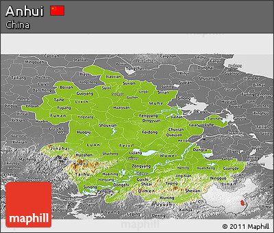 Physical Panoramic Map of Anhui, desaturated