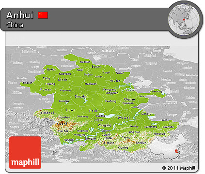 Physical Panoramic Map of Anhui, lighten, desaturated
