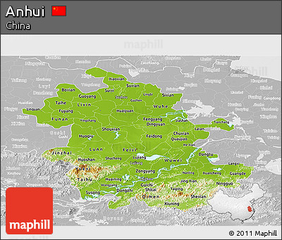 Physical Panoramic Map of Anhui, lighten, desaturated