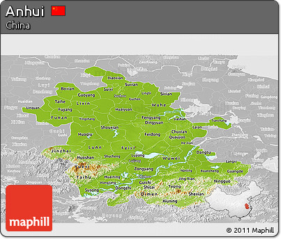 Physical Panoramic Map of Anhui, lighten, desaturated