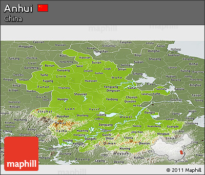 Physical Panoramic Map of Anhui, semi-desaturated