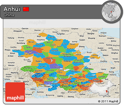 Political Panoramic Map of Anhui, shaded relief outside