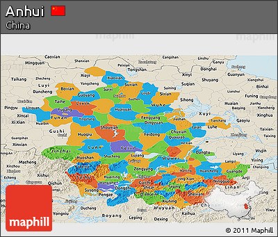 Political Panoramic Map of Anhui, shaded relief outside