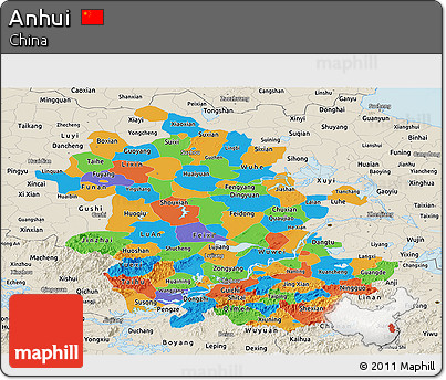 Political Panoramic Map of Anhui, shaded relief outside