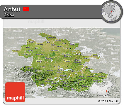 Satellite Panoramic Map of Anhui, lighten, semi-desaturated