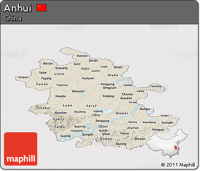 Shaded Relief Panoramic Map of Anhui, cropped outside