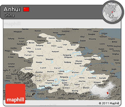 Shaded Relief Panoramic Map of Anhui, darken