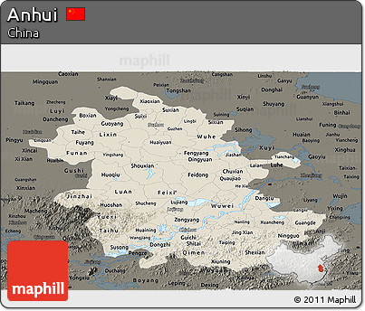 Shaded Relief Panoramic Map of Anhui, darken