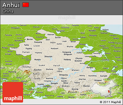 Shaded Relief Panoramic Map of Anhui, physical outside