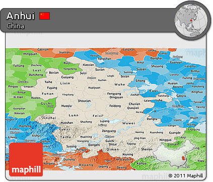 Shaded Relief Panoramic Map of Anhui, political shades outside