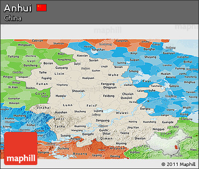 Shaded Relief Panoramic Map of Anhui, political shades outside
