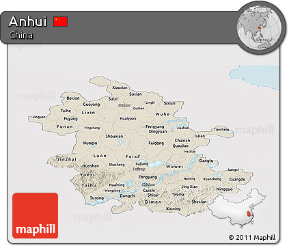 Shaded Relief Panoramic Map of Anhui, single color outside