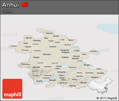 Shaded Relief Panoramic Map of Anhui, single color outside