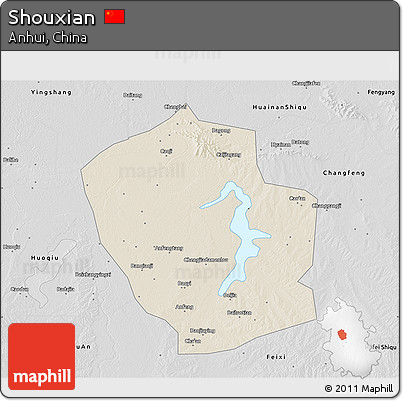 Shaded Relief 3D Map of Shouxian, desaturated