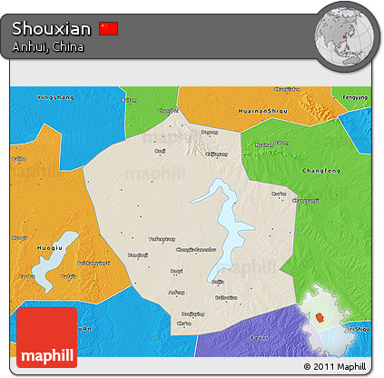 Shaded Relief 3D Map of Shouxian, political outside