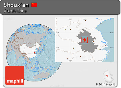 Gray Location Map of Shouxian, highlighted country, highlighted parent region, hill shading