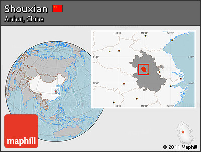 Gray Location Map of Shouxian, highlighted country, highlighted parent region, hill shading