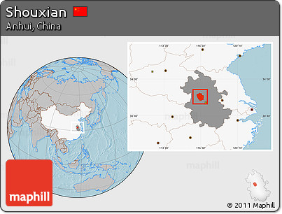 Gray Location Map of Shouxian, highlighted country, highlighted parent region, hill shading