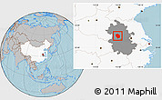 Gray Location Map of Shouxian, highlighted country, highlighted parent region, hill shading