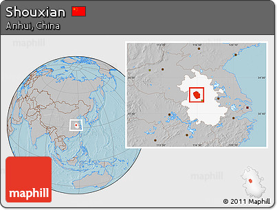 Gray Location Map of Shouxian, highlighted parent region, hill shading