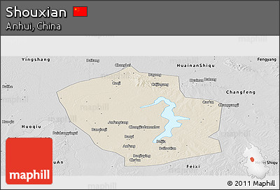 Shaded Relief Panoramic Map of Shouxian, desaturated