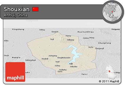 Shaded Relief Panoramic Map of Shouxian, desaturated