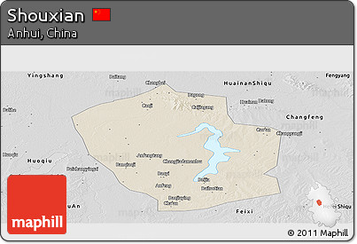 Shaded Relief Panoramic Map of Shouxian, desaturated