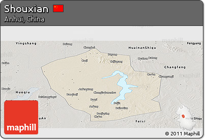 Shaded Relief Panoramic Map of Shouxian, semi-desaturated