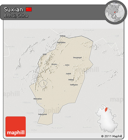 Shaded Relief 3D Map of Suxian, lighten, semi-desaturated