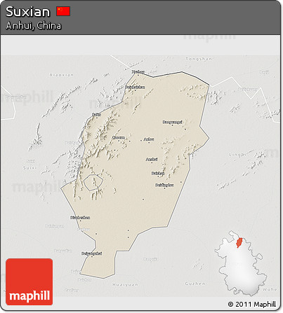 Shaded Relief 3D Map of Suxian, lighten, semi-desaturated