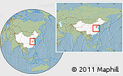 Savanna Style Location Map of Suxian, highlighted country, within the entire country, hill shading