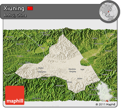 Shaded Relief 3D Map of Xiuning, satellite outside