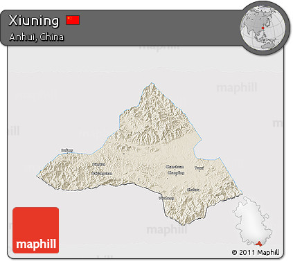 Shaded Relief 3D Map of Xiuning, single color outside
