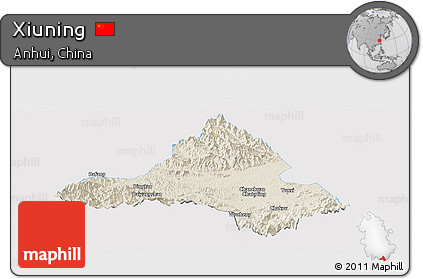Shaded Relief Panoramic Map of Xiuning, single color outside