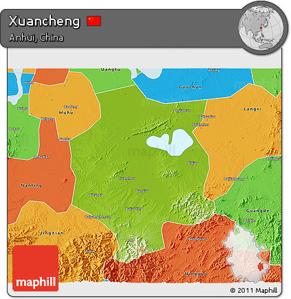 Physical 3D Map of Xuancheng, political outside